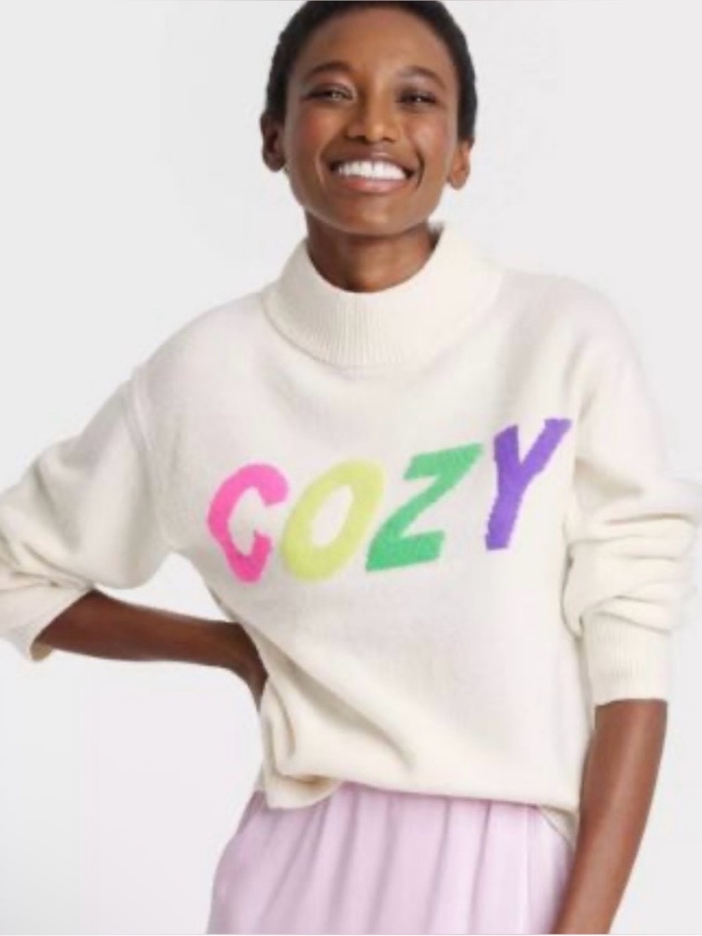Cozy Cream Turtleneck Sweater with Colorful Lettering medium a new day